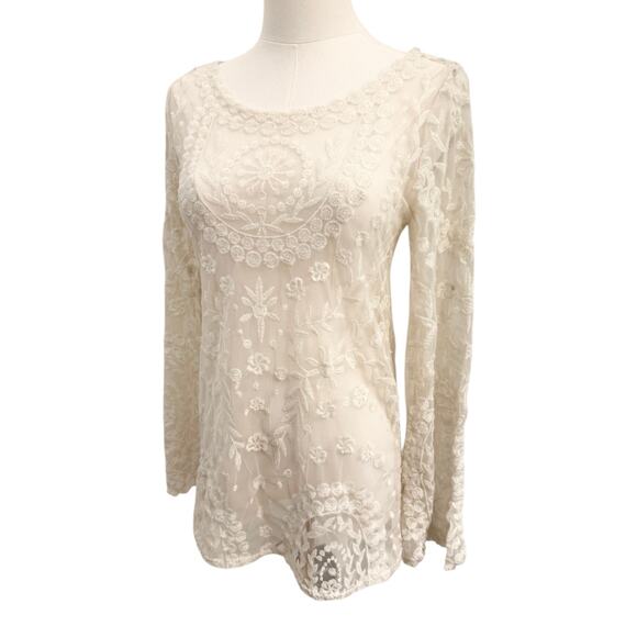 Free People Sheer Cream Lace Long Bell Sleeve Top Embroidery Floral Crochet XS - Picture 9 of 10